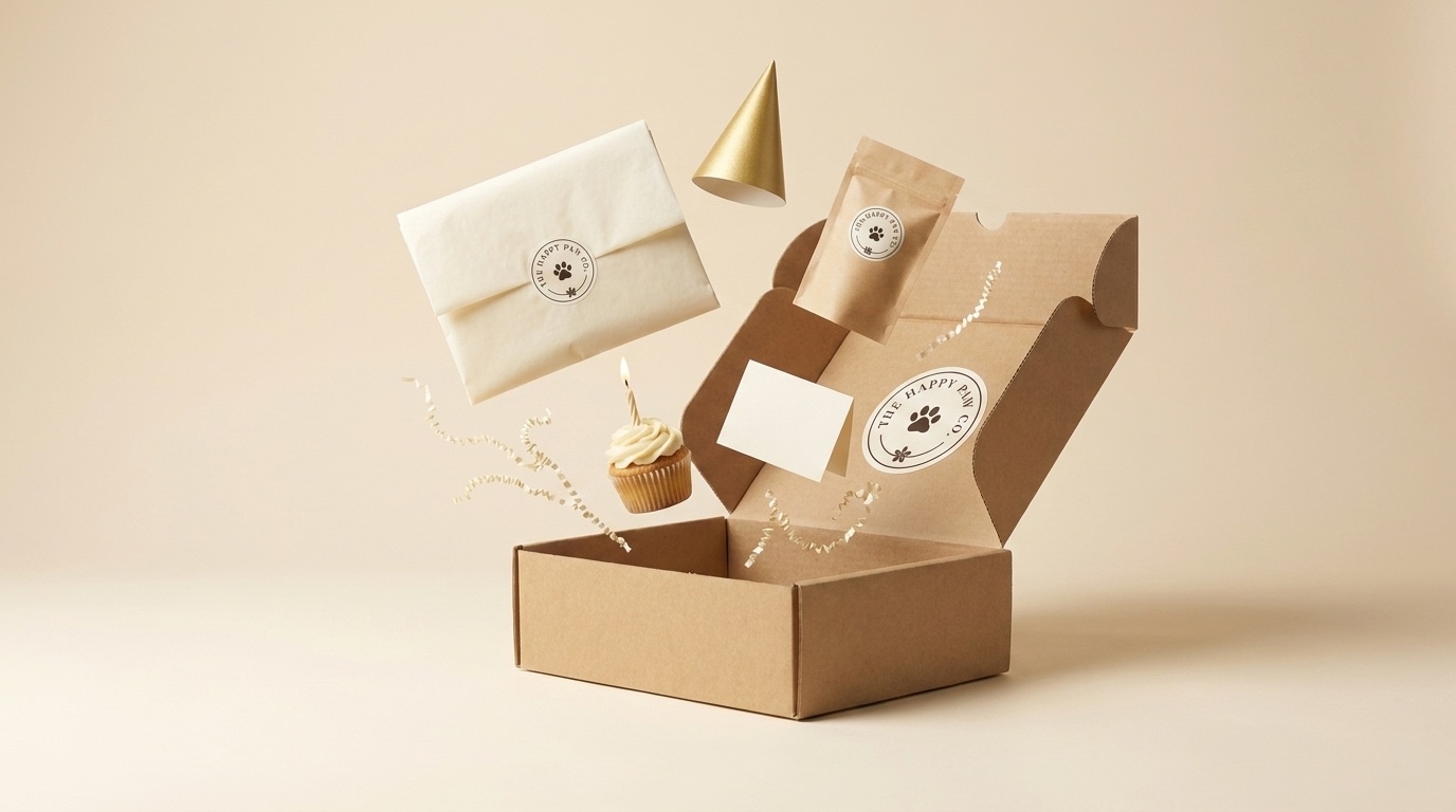 The Happy Paw Birthday Kit opened — party hat, treats, cupcake and card floating above the box