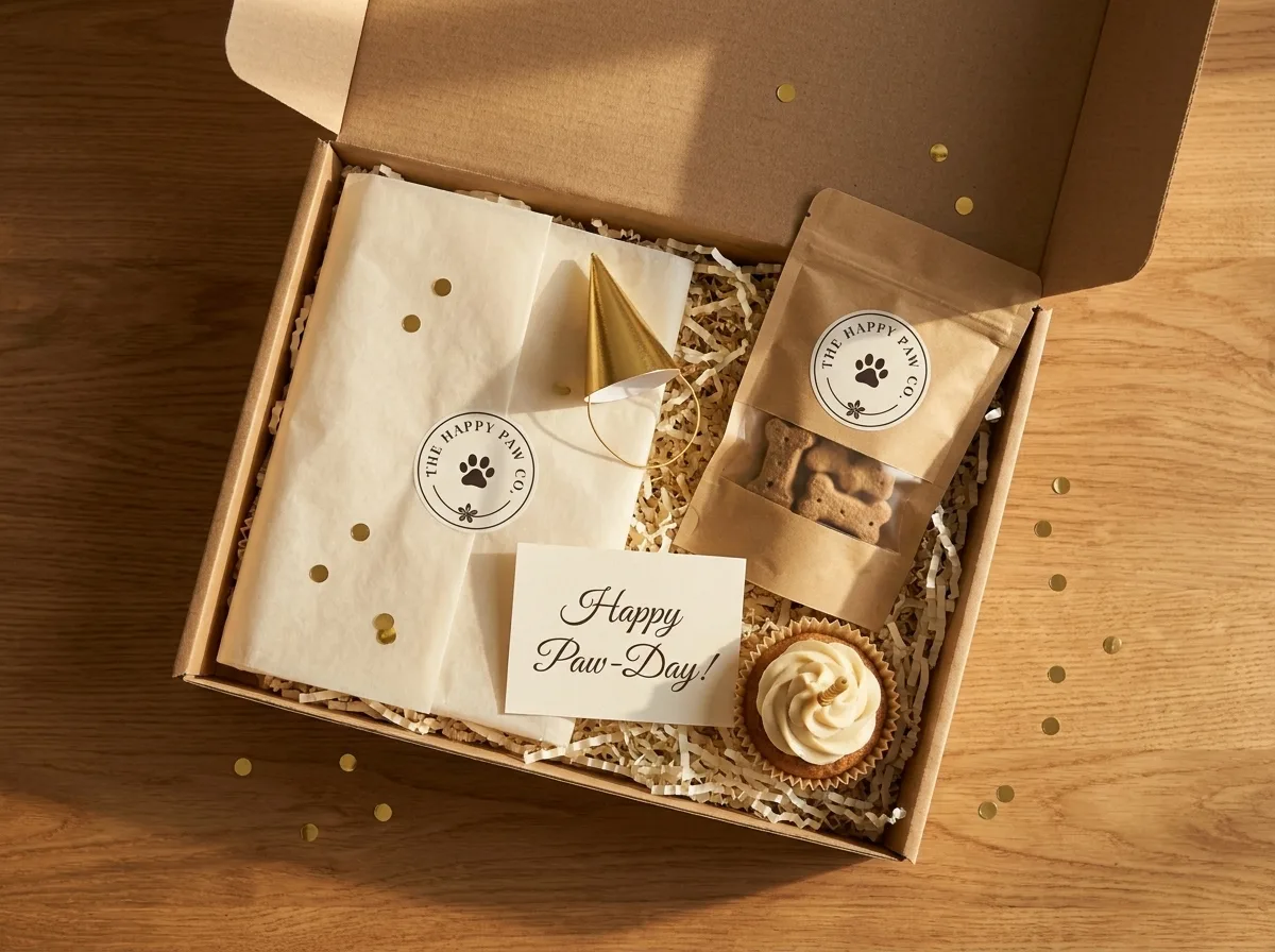 The Happy Paw birthday kit unboxed, with party hat, treats, cupcake with candle, and a Happy Paw-Day card