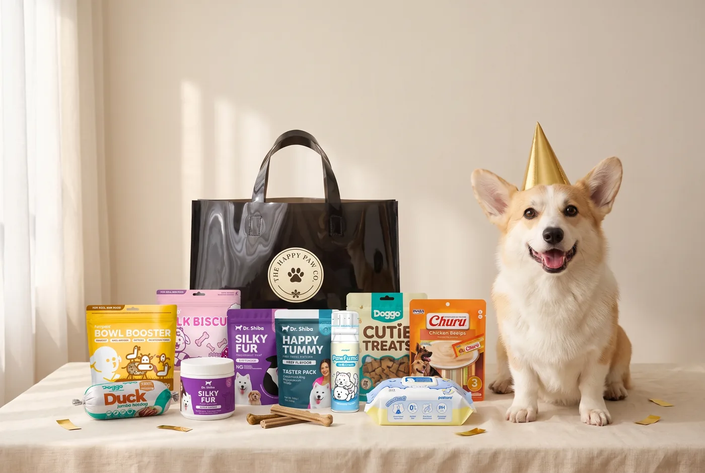 Birthday Pawty Box pack shot: everything included, in front of our black delivery bag