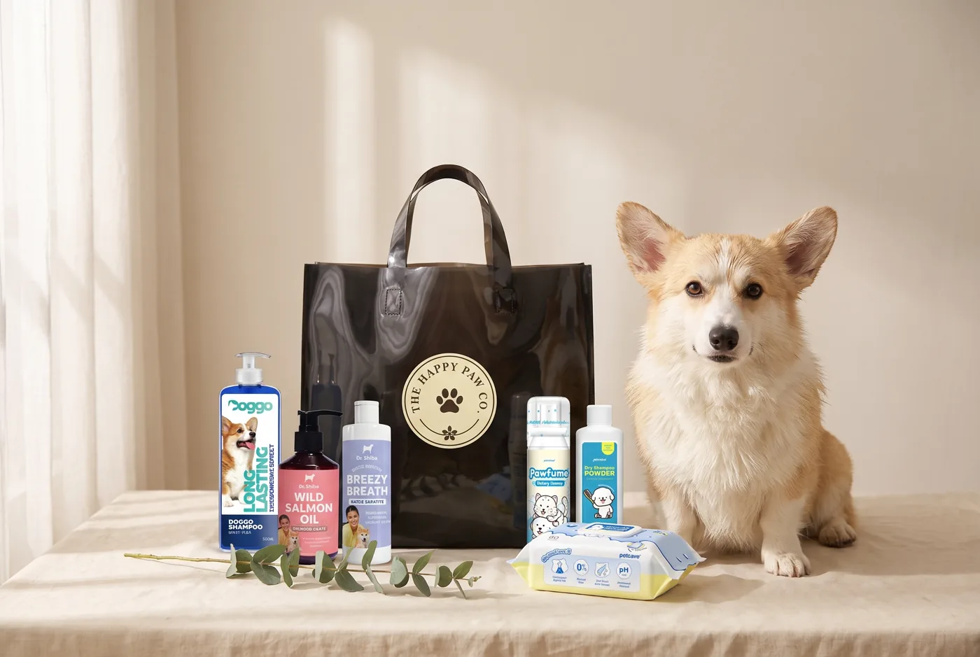 Fresh Paws Spa Kit pack shot: everything included, in front of our black delivery bag