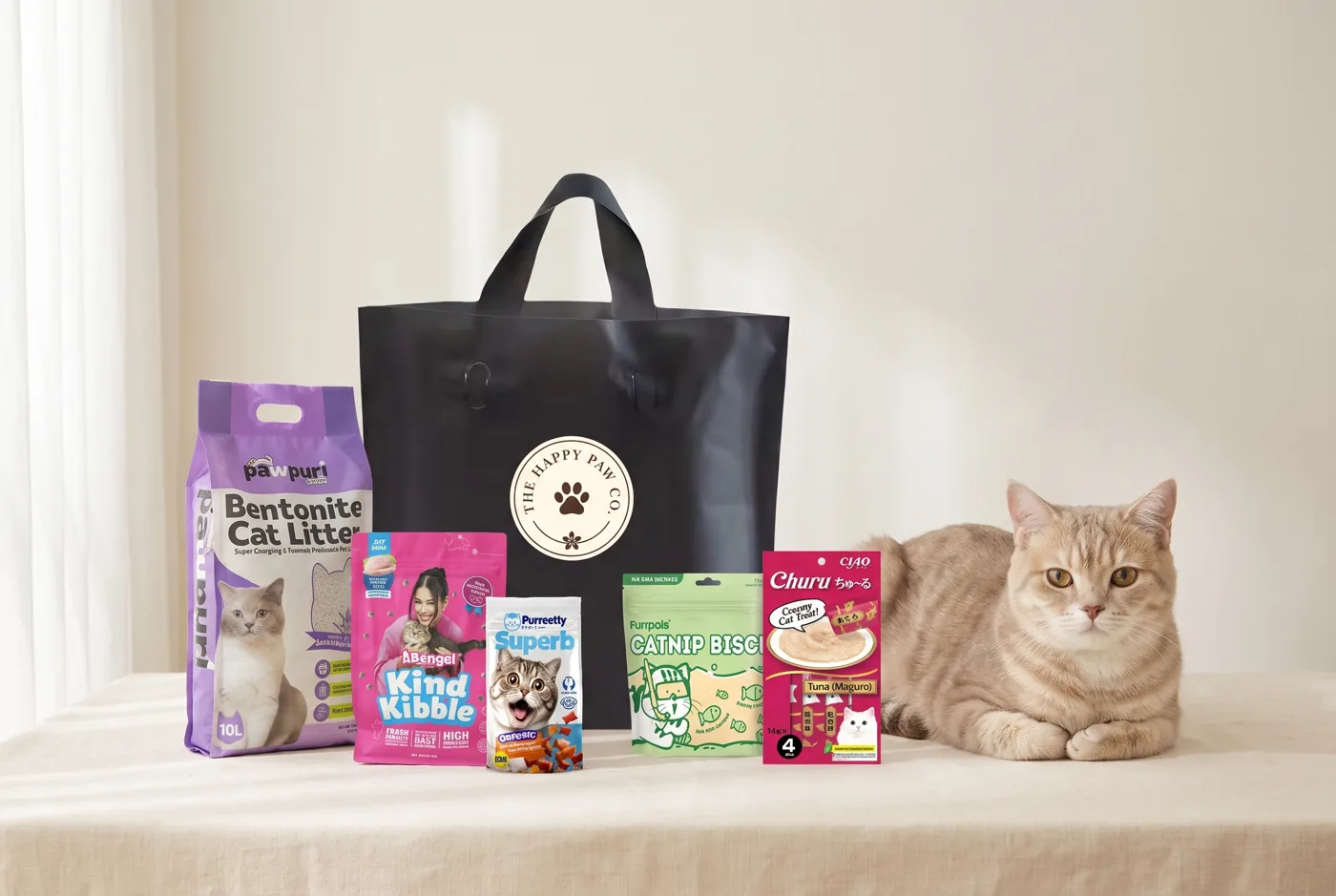 New Cat Starter Kit pack shot: everything included, in front of our black delivery bag