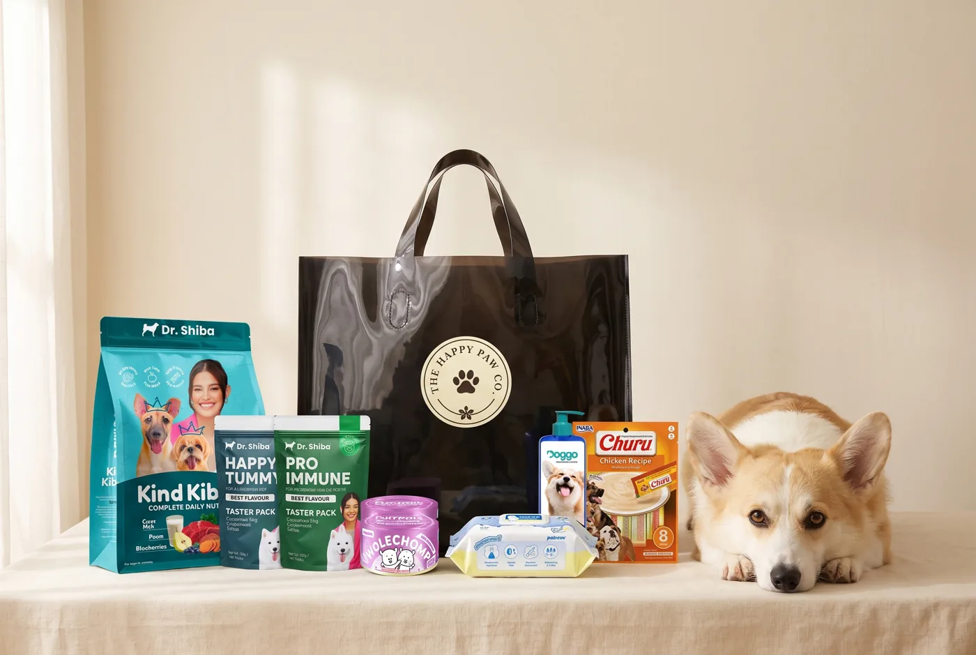 New Dog Starter Kit pack shot: everything included, in front of our black delivery bag