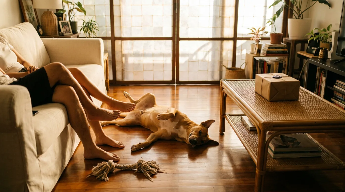 An aspin dog resting at its family's feet in a warm living room at golden hour