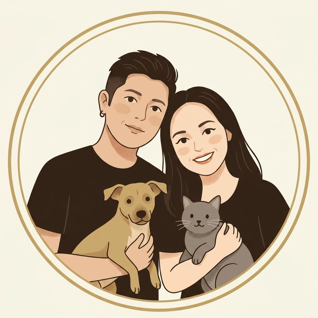 Illustrated avatar of founders Vince and Claire with their dog and cat