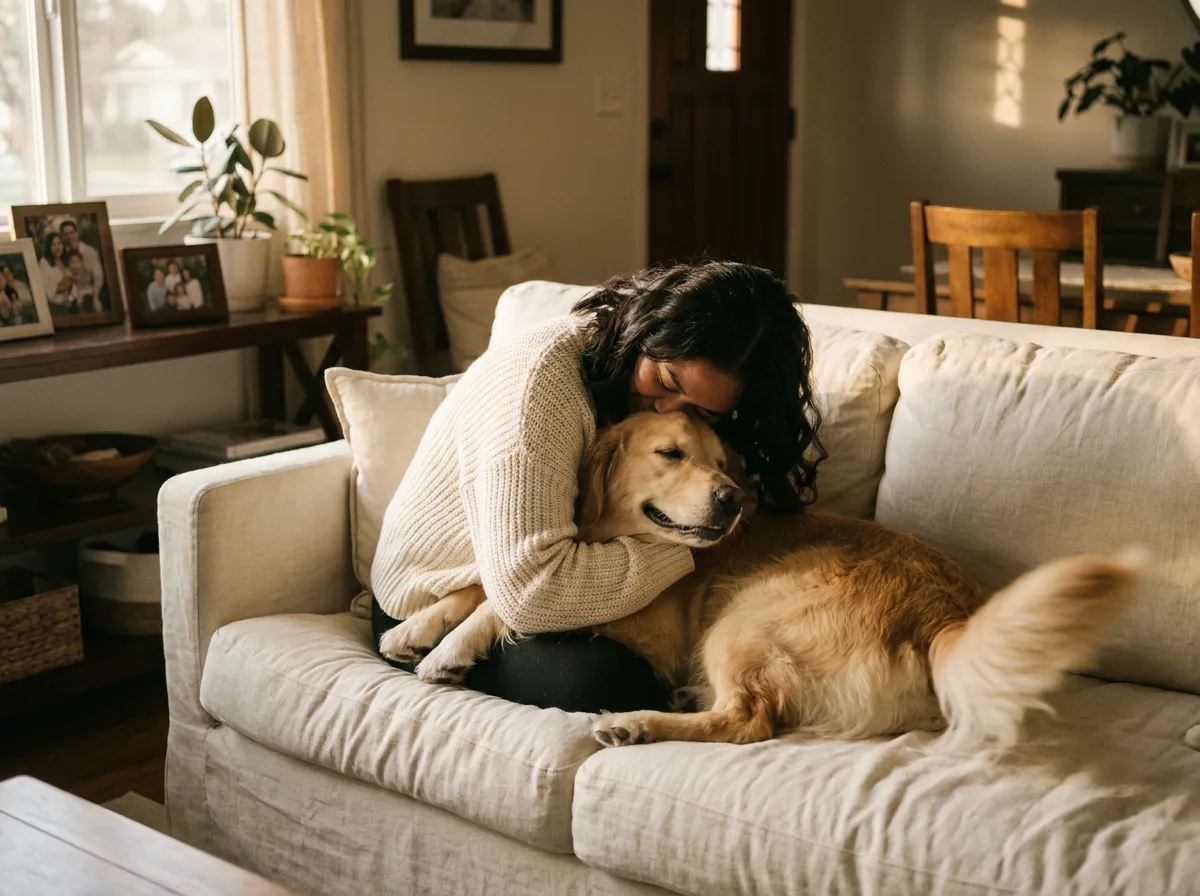 A woman hugging her golden retriever on the sofa, both completely content